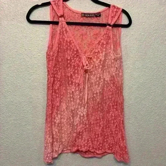 raya sun Tops - Raya Sun pink Ombre crochet lace top sz M beachy resortwear summer sheer festiva